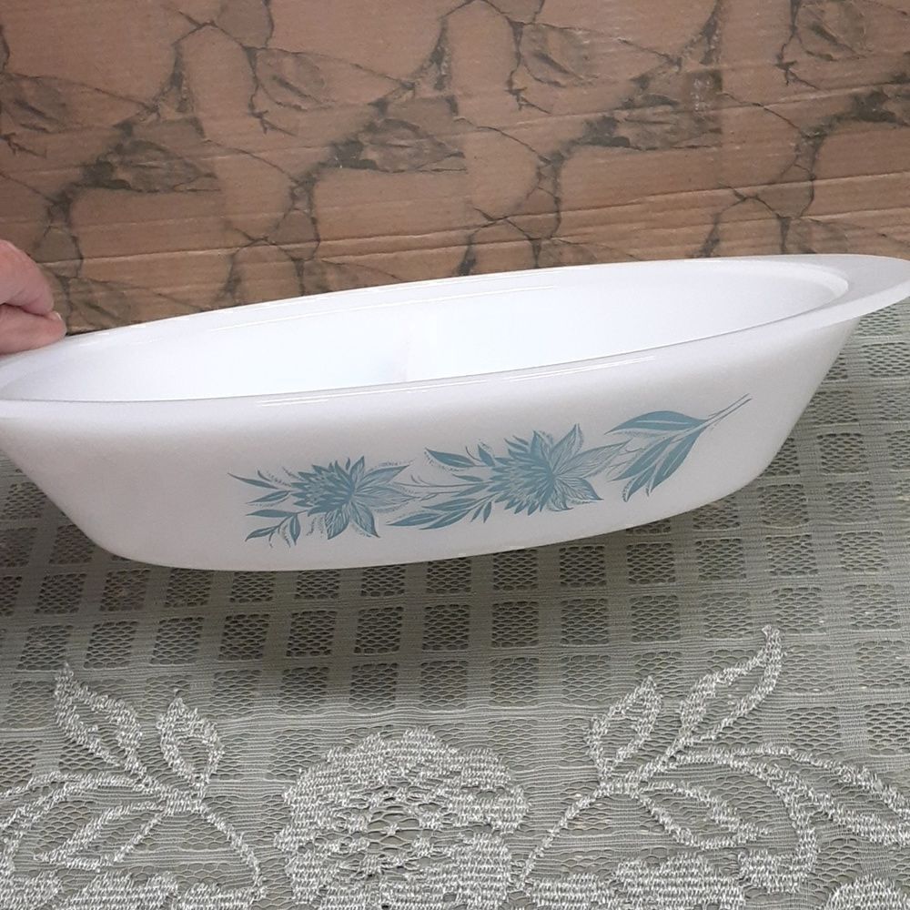 Vintage Glasbake White Milk Glass Blue Thistle Oval Divided Casserole Dish J2352